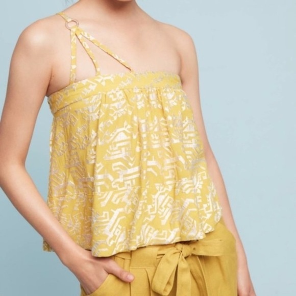 Anthropologie • Floreat | Yellow One Shoulder Embroidered Tank Bohemian medium - Picture 2 of 10